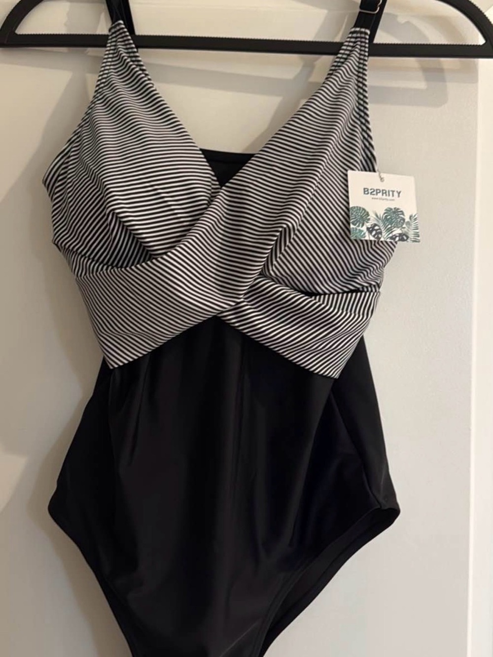 B2Prity Black and White Striped Wrap-Front Bathing Suite